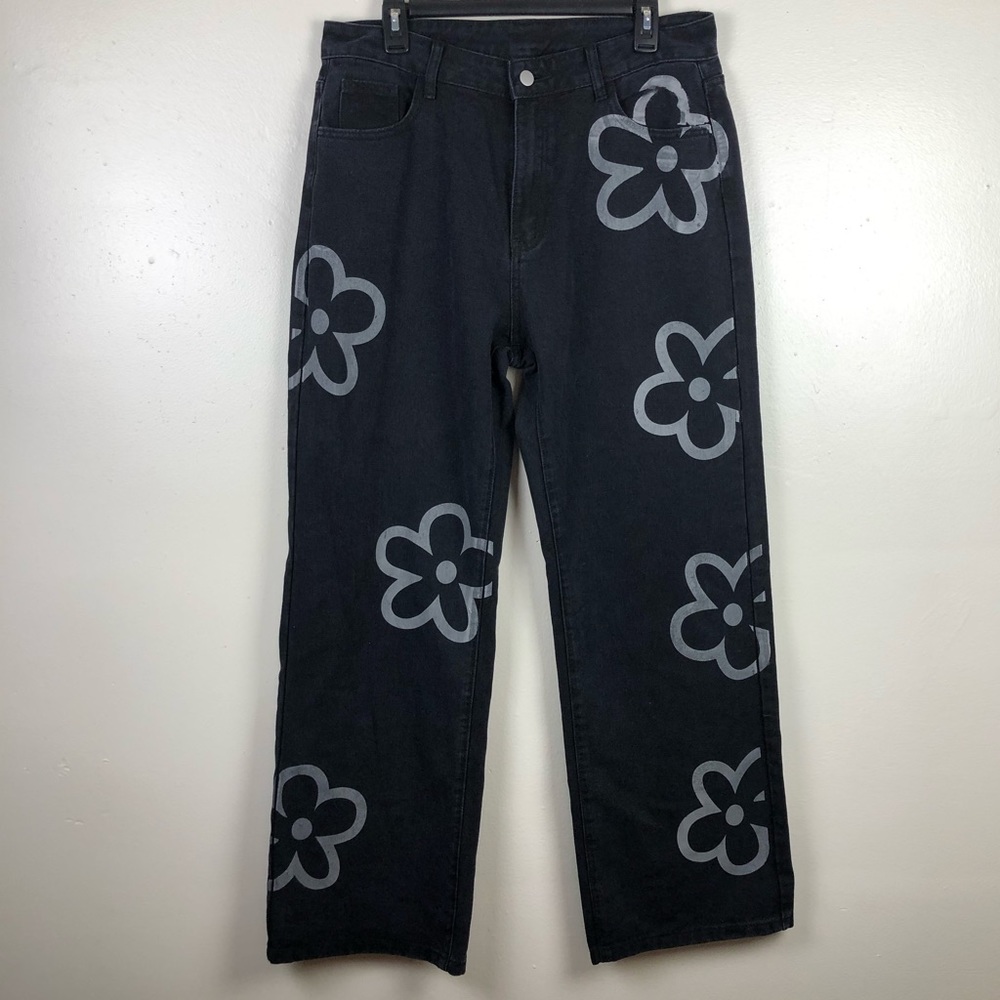 Romwe Flower Print Black Jeans - Picture 1 of 5